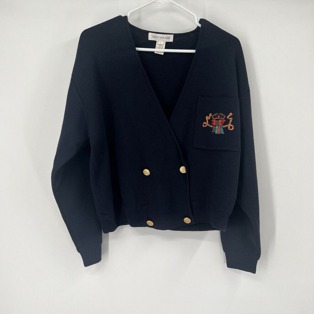 VTG Jones New York L Preppy Academia School Cardigan Navy Blue Lambs Wool Blend